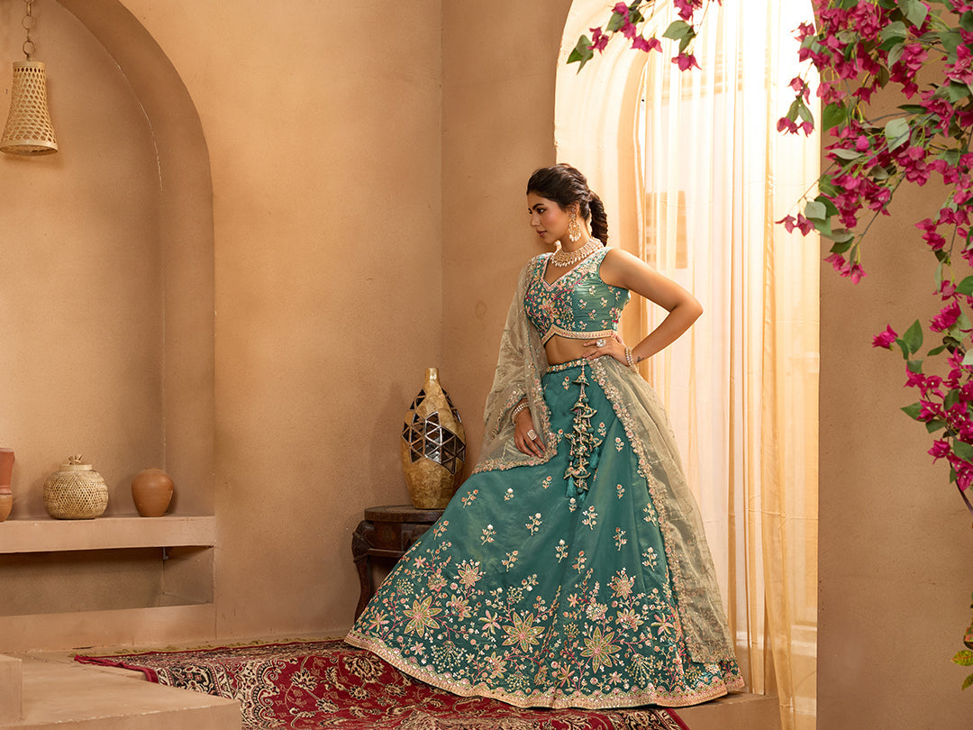 Green- Georgette Fabric Sequins embroidery Semi-Stitched Lehenga & Unstitched Blouse With Dupatta - qivii