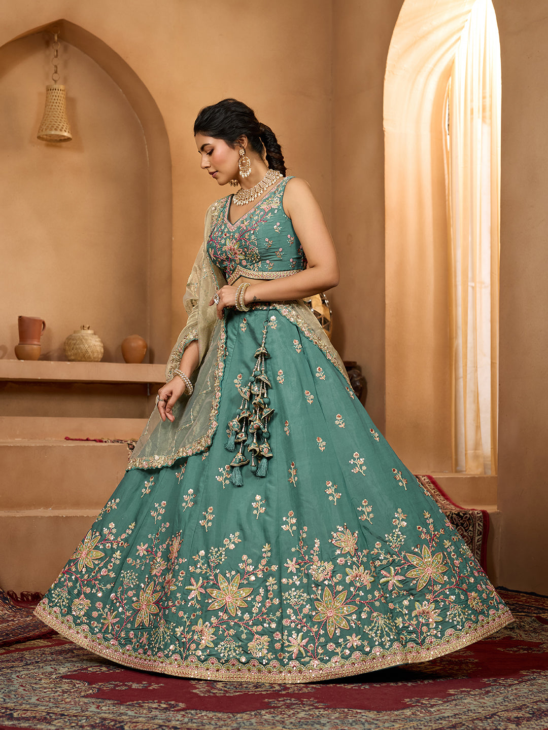 Green- Georgette Fabric Sequins embroidery Semi-Stitched Lehenga & Unstitched Blouse With Dupatta - qivii
