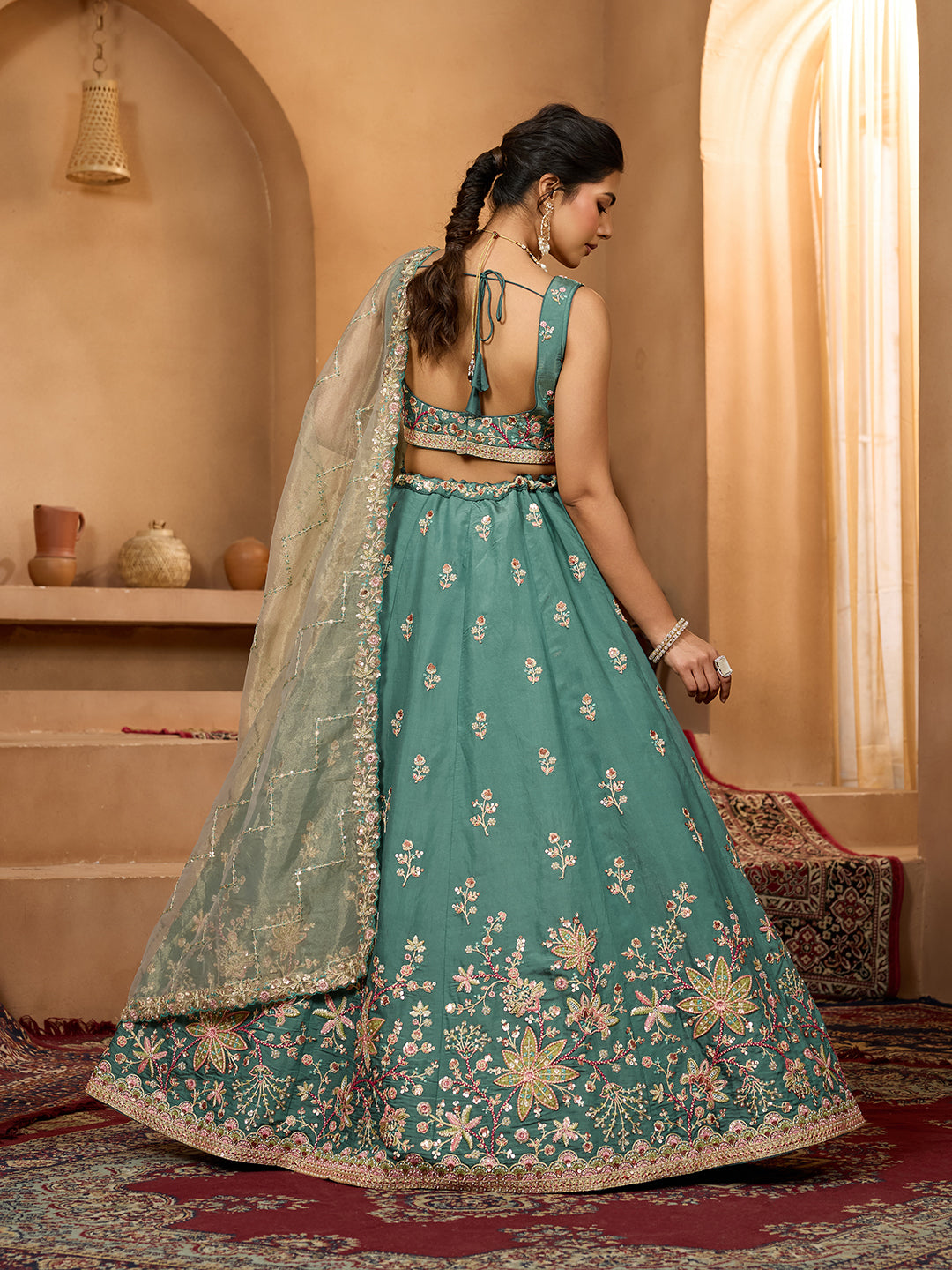 Green- Georgette Fabric Sequins embroidery Semi-Stitched Lehenga & Unstitched Blouse With Dupatta - qivii