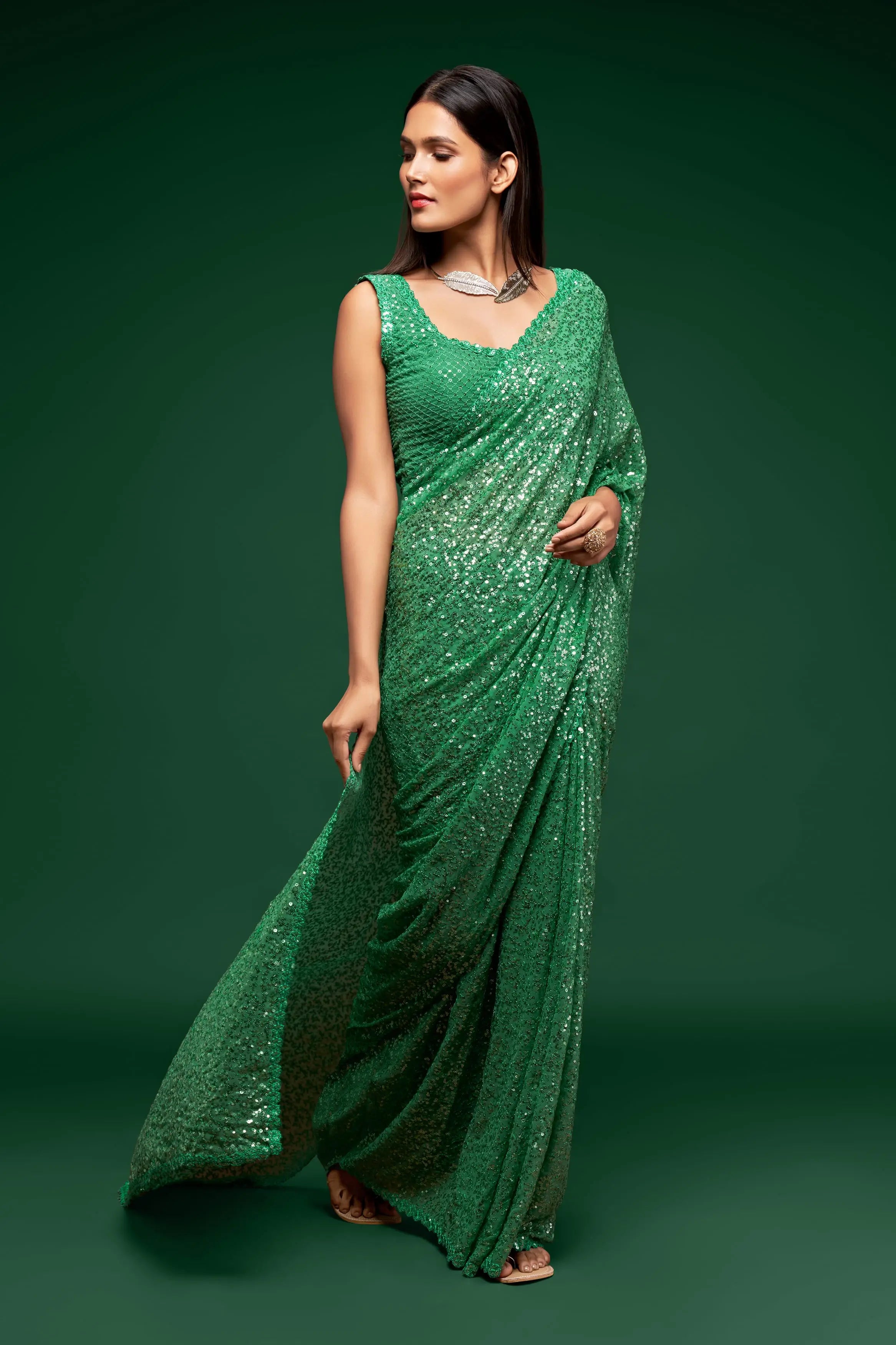 Mint Green Georgette with Thread And Multiple Sequins Embroidery Work - qivii