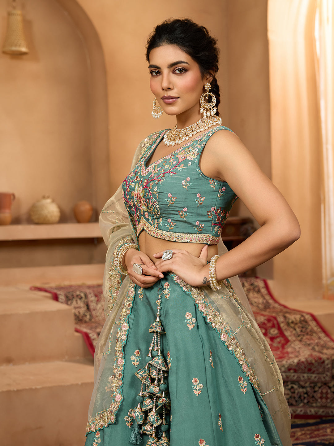 Green- Georgette Fabric Sequins embroidery Semi-Stitched Lehenga & Unstitched Blouse With Dupatta - qivii