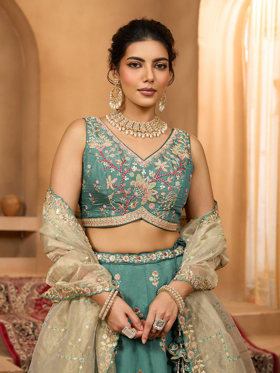 Green- Georgette Fabric Sequins embroidery Semi-Stitched Lehenga & Unstitched Blouse With Dupatta - qivii