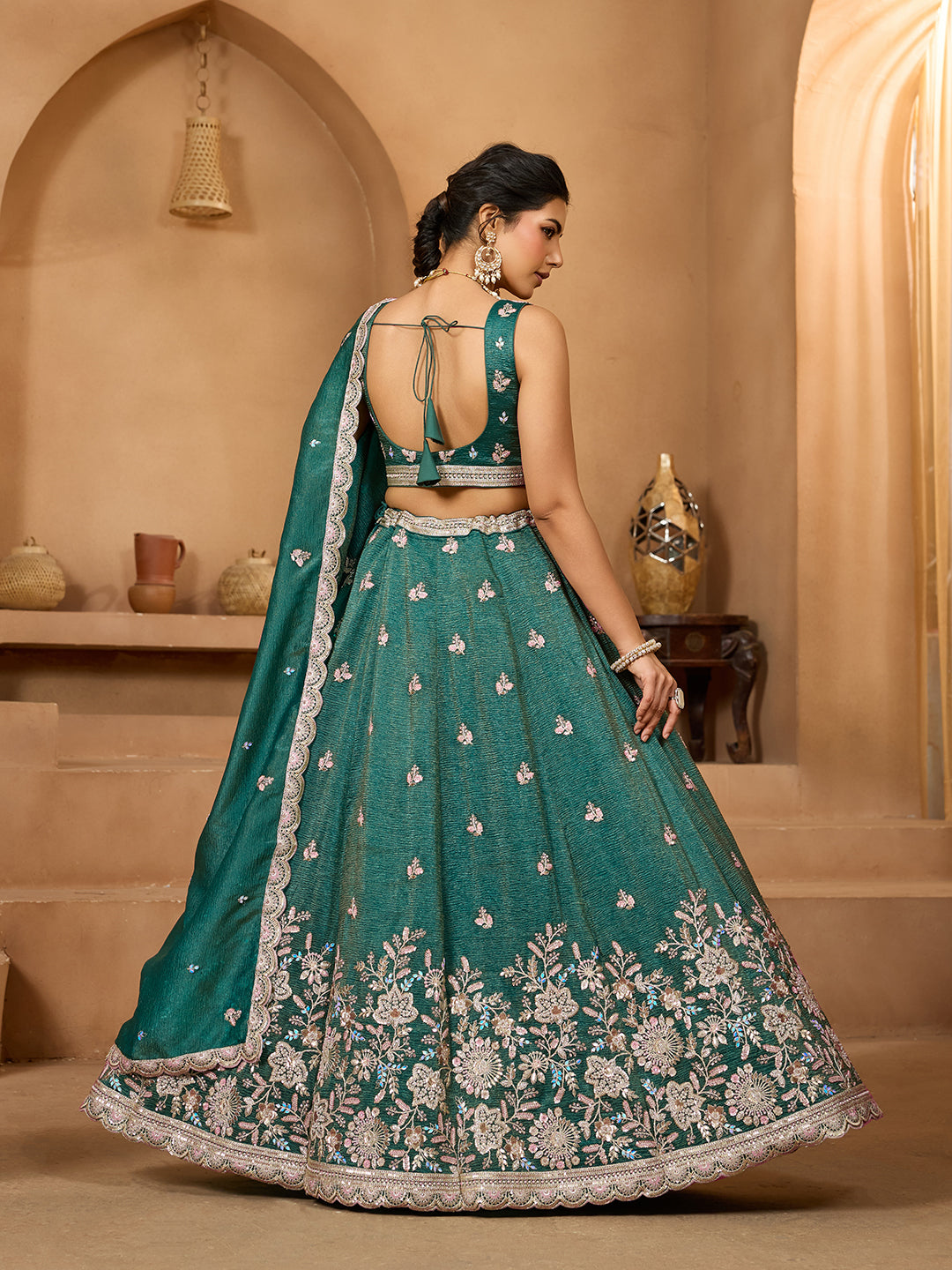 Green- Tissue Fabric Sequins embroidery Semi-Stitched Lehenga & Unstitched Blouse With Dupatta - qivii
