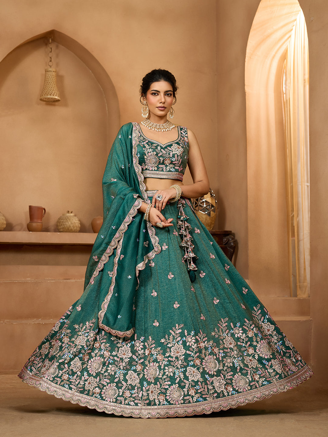 Green- Tissue Fabric Sequins embroidery Semi-Stitched Lehenga & Unstitched Blouse With Dupatta - qivii