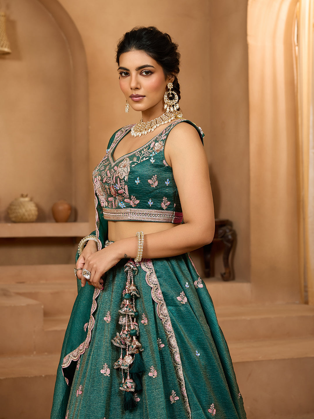 Green- Tissue Fabric Sequins embroidery Semi-Stitched Lehenga & Unstitched Blouse With Dupatta - qivii