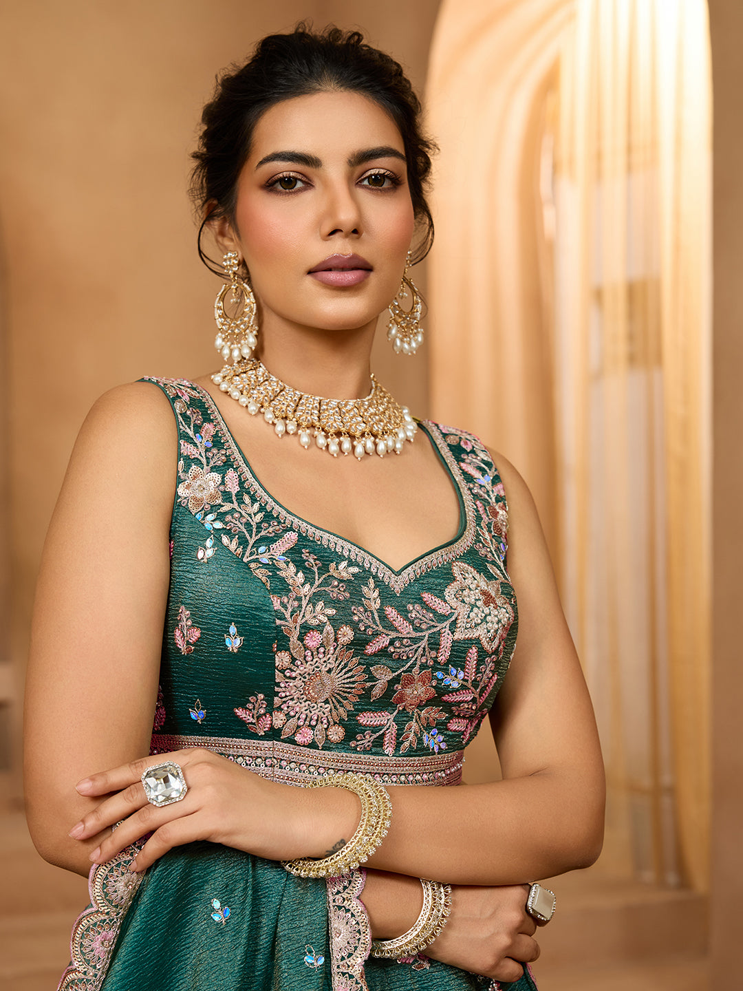 Green- Tissue Fabric Sequins embroidery Semi-Stitched Lehenga & Unstitched Blouse With Dupatta - qivii