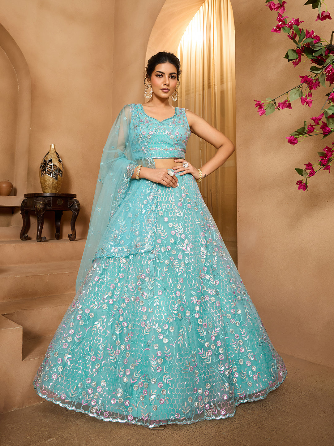 Seagreen- Net Fabric Sequins embroidery Semi-Stitched Lehenga & Unstitched Blouse With Dupatta - qivii