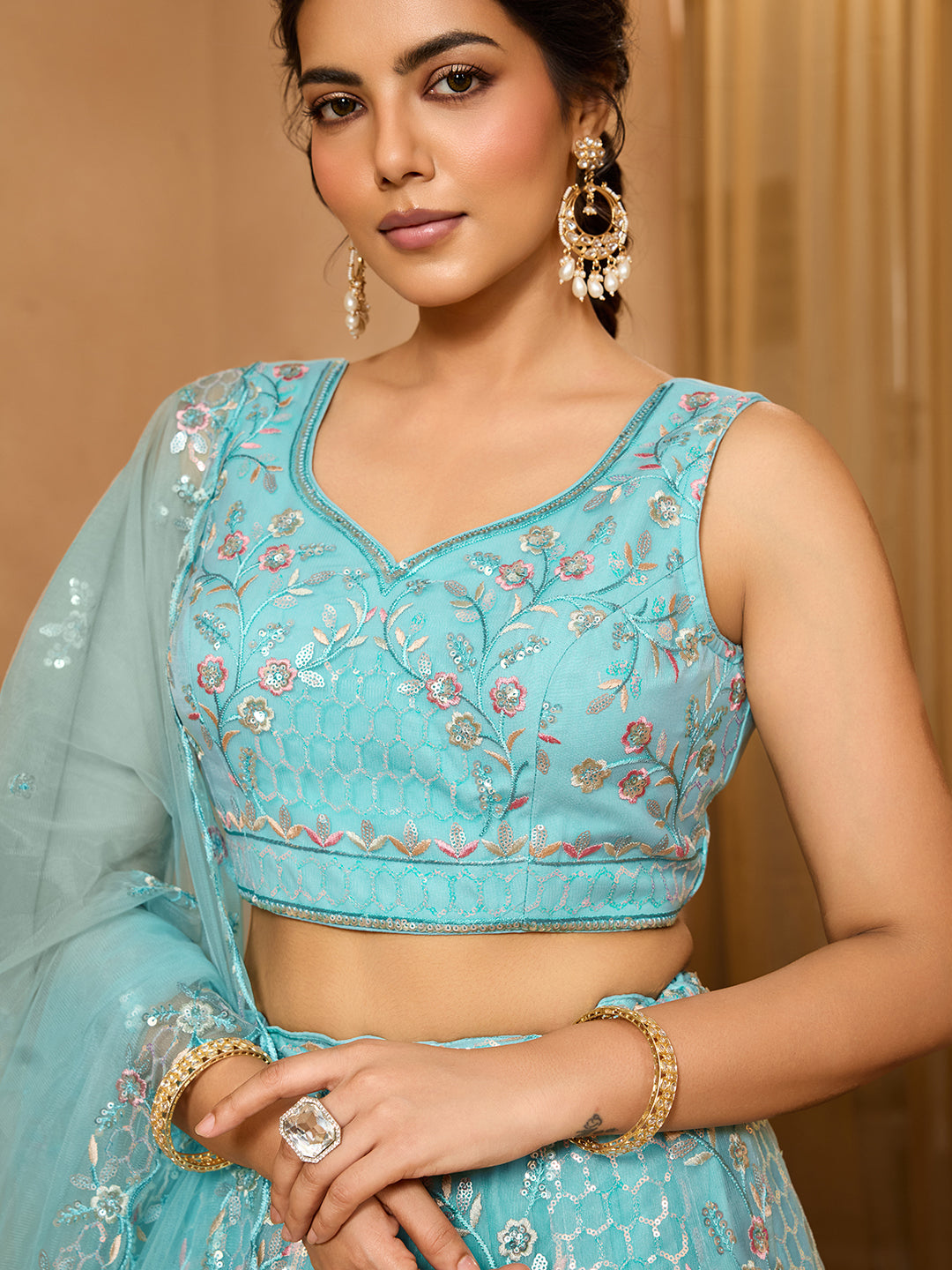 Seagreen- Net Fabric Sequins embroidery Semi-Stitched Lehenga & Unstitched Blouse With Dupatta - qivii