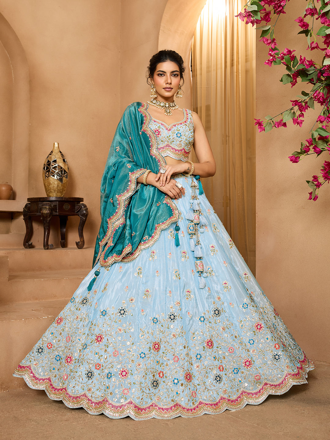 Turquoiseblue- Tissue Fabric Sequins embroidery Semi-Stitched Lehenga & Unstitched Blouse With Dupatta - qivii