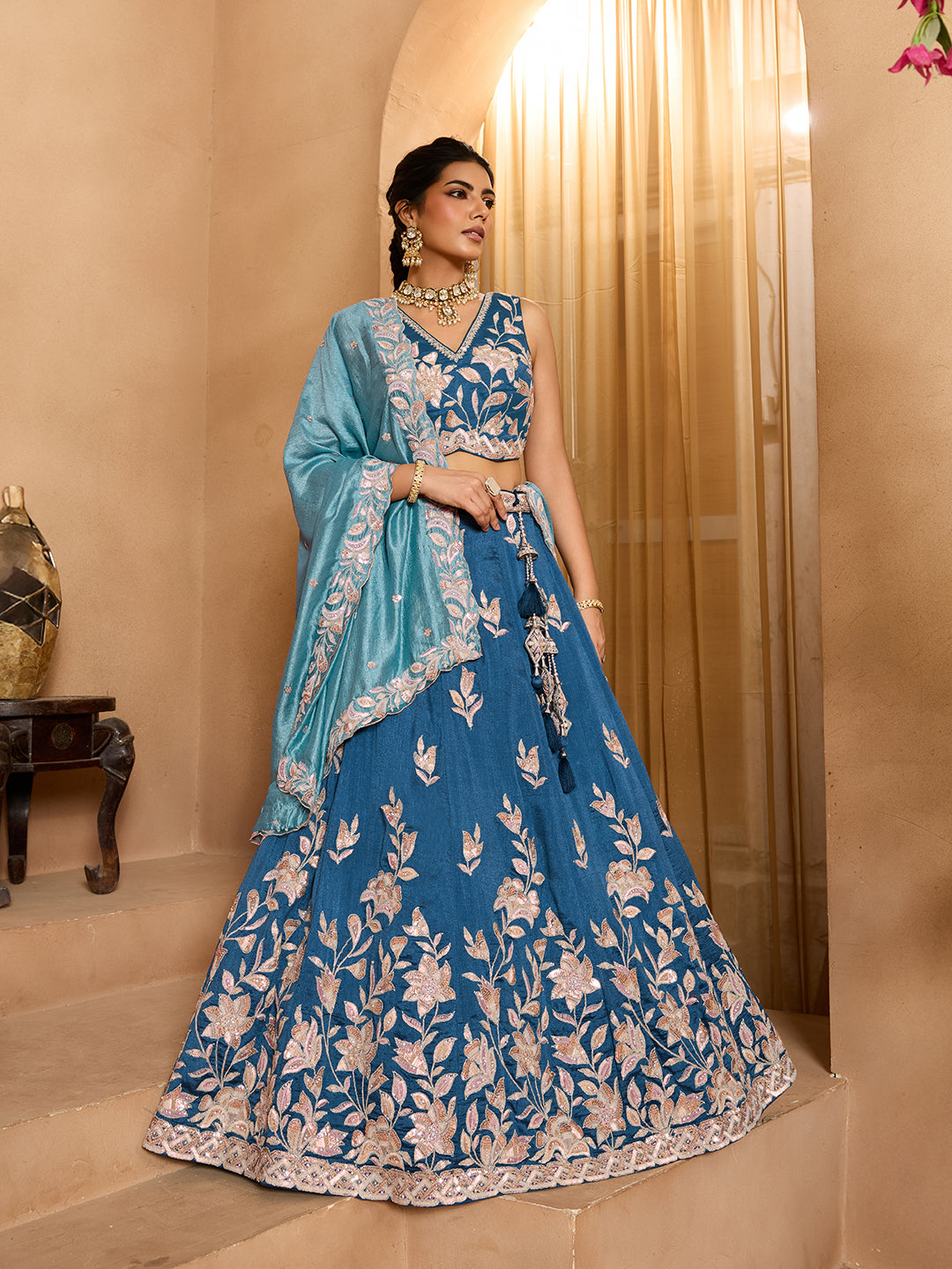 Teal- Silk Fabric Sequins embroidery Semi-Stitched Lehenga & Unstitched Blouse With Dupatta - qivii