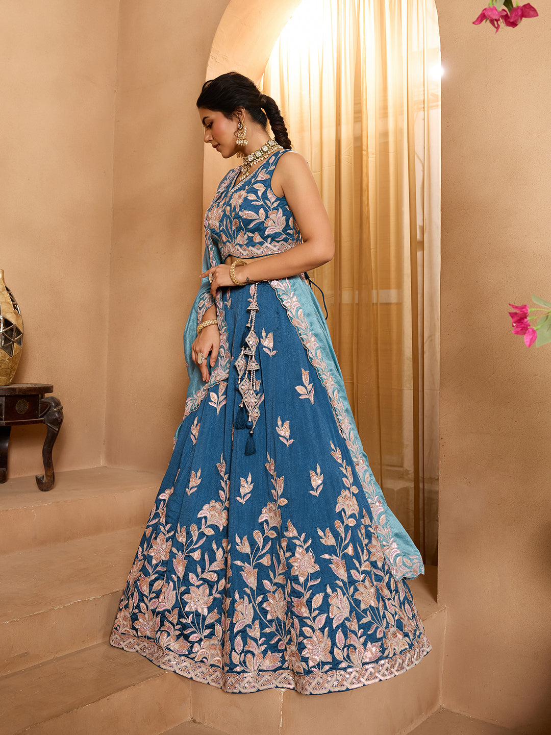 Teal- Silk Fabric Sequins embroidery Semi-Stitched Lehenga & Unstitched Blouse With Dupatta - qivii