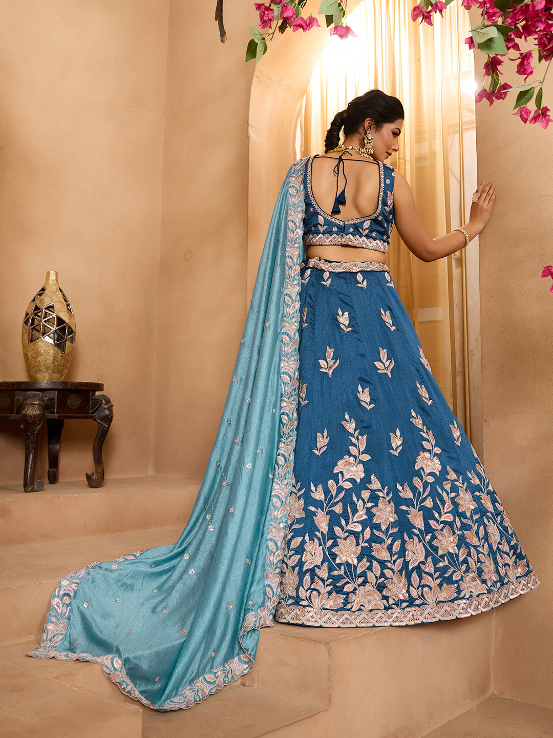 Teal- Silk Fabric Sequins embroidery Semi-Stitched Lehenga & Unstitched Blouse With Dupatta - qivii