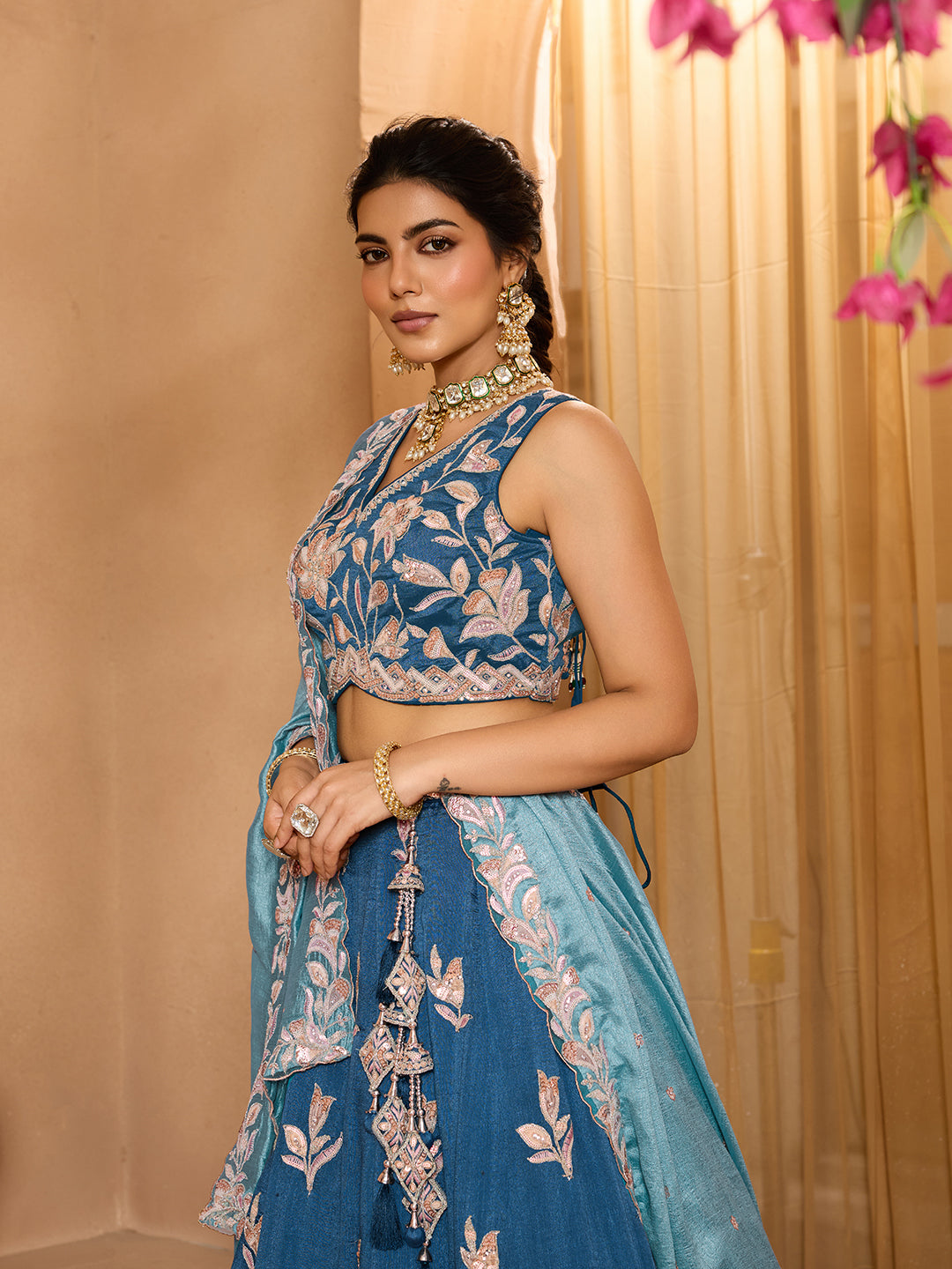 Teal- Silk Fabric Sequins embroidery Semi-Stitched Lehenga & Unstitched Blouse With Dupatta - qivii