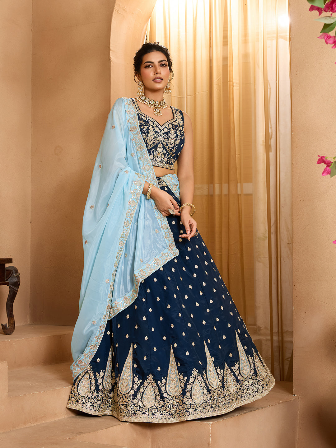 Navyblue- Organza Fabric Sequins embroidery Semi-Stitched Lehenga & Unstitched Blouse With Dupatta - qivii