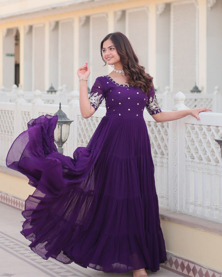 Purple Color Four Layer Georgette Embroidered Gown  - By Qivii