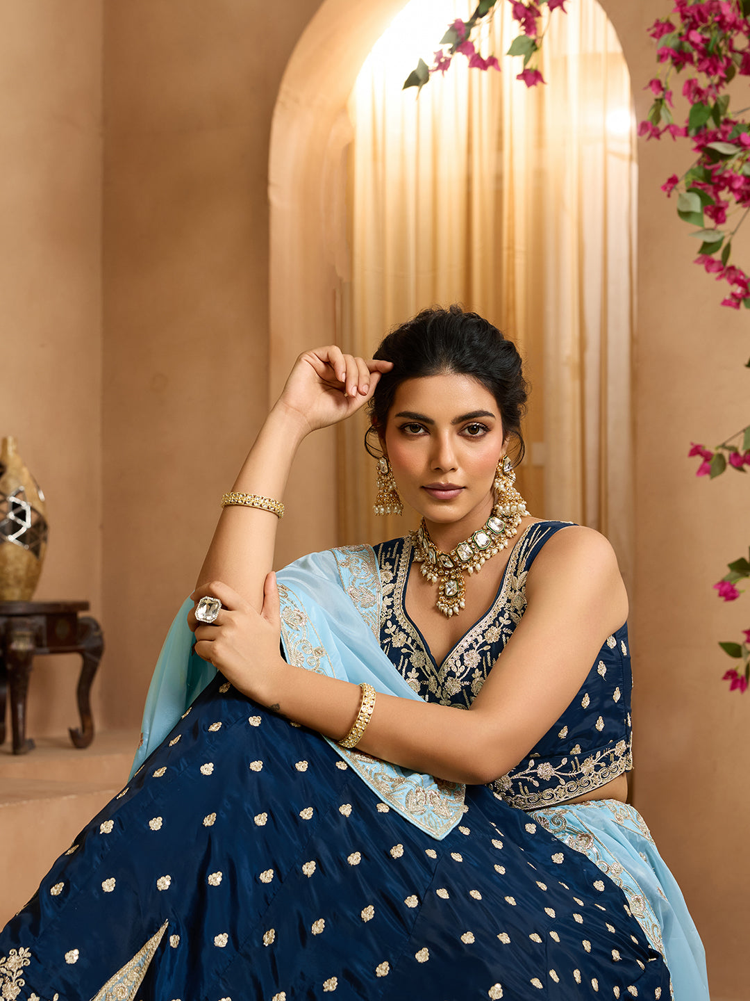 Navyblue- Organza Fabric Sequins embroidery Semi-Stitched Lehenga & Unstitched Blouse With Dupatta - qivii