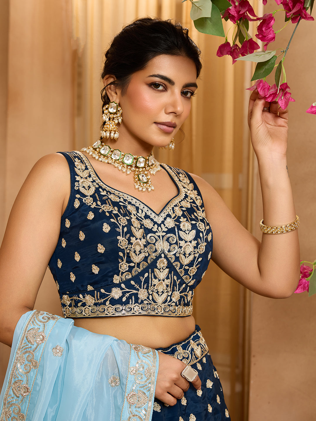Navyblue- Organza Fabric Sequins embroidery Semi-Stitched Lehenga & Unstitched Blouse With Dupatta - qivii