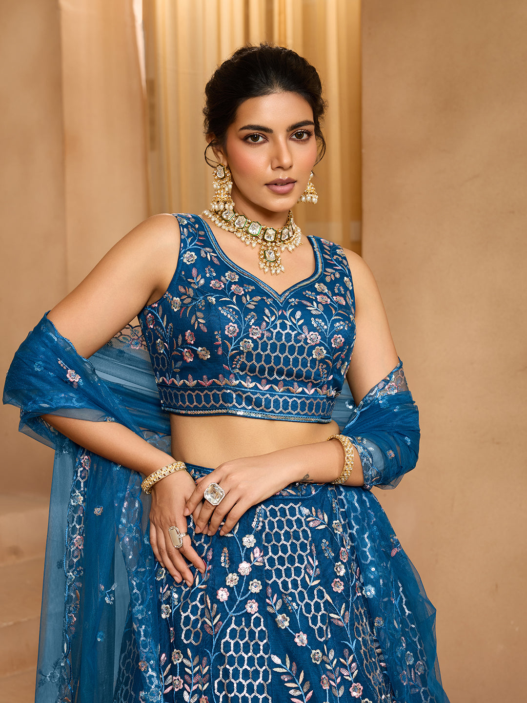 Navyblue- Net Fabric Sequins embroidery Semi-Stitched Lehenga & Unstitched Blouse With Dupatta - qivii