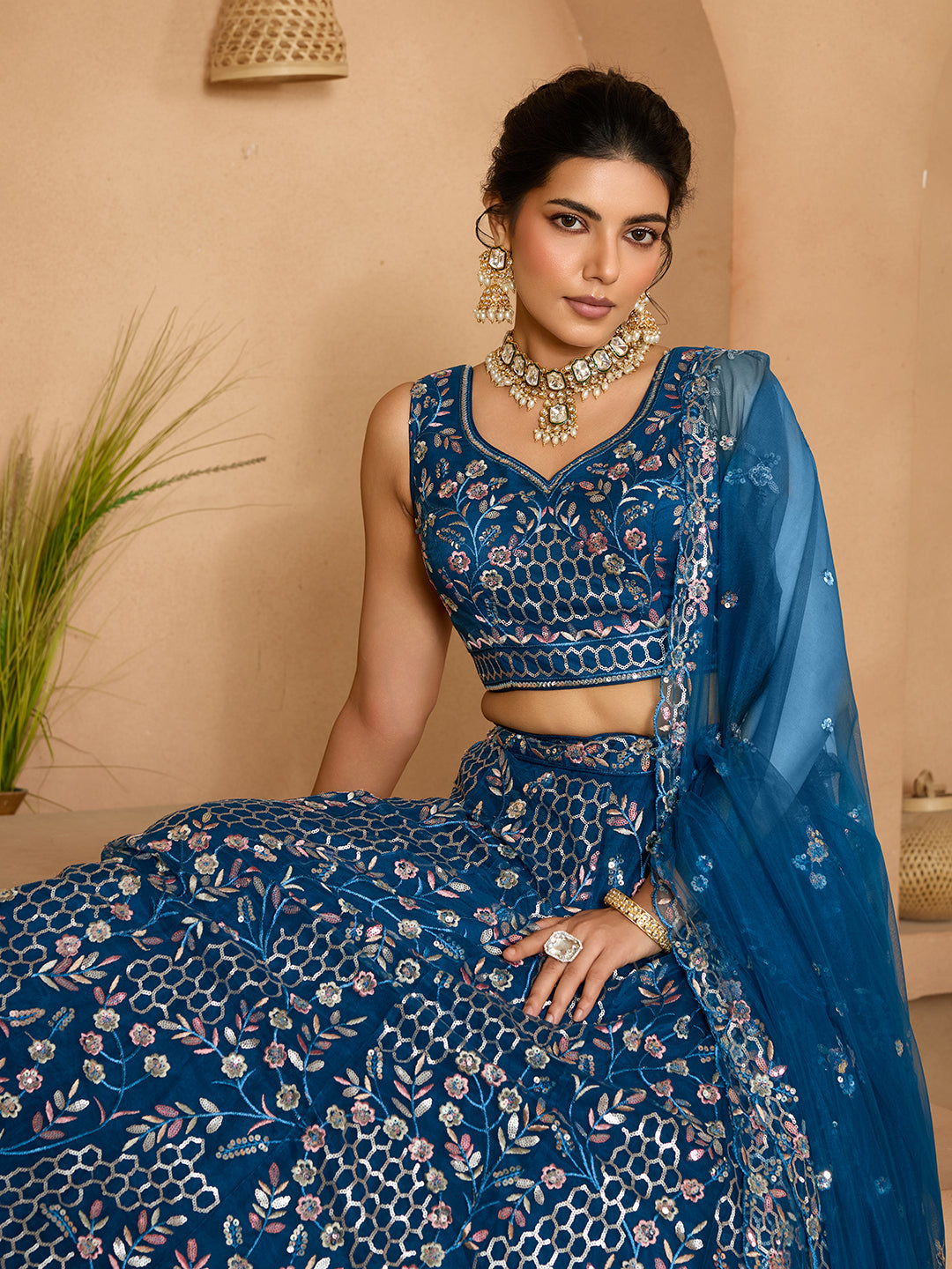 Navyblue- Net Fabric Sequins embroidery Semi-Stitched Lehenga & Unstitched Blouse With Dupatta - qivii
