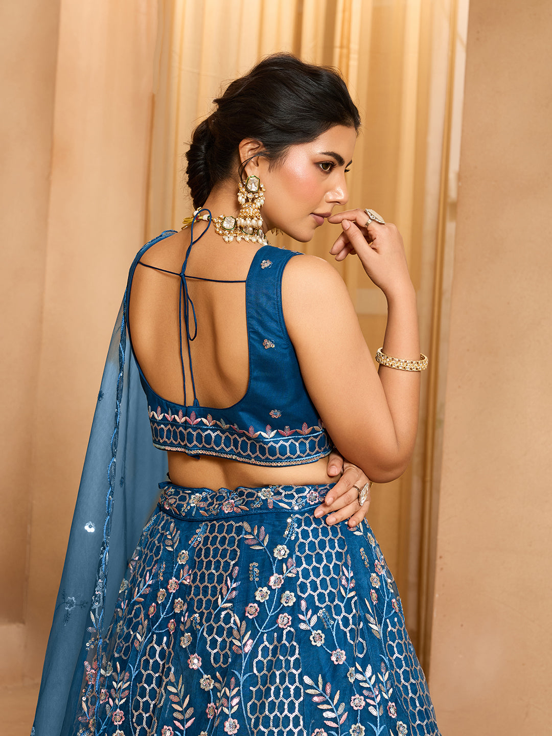Navyblue- Net Fabric Sequins embroidery Semi-Stitched Lehenga & Unstitched Blouse With Dupatta - qivii