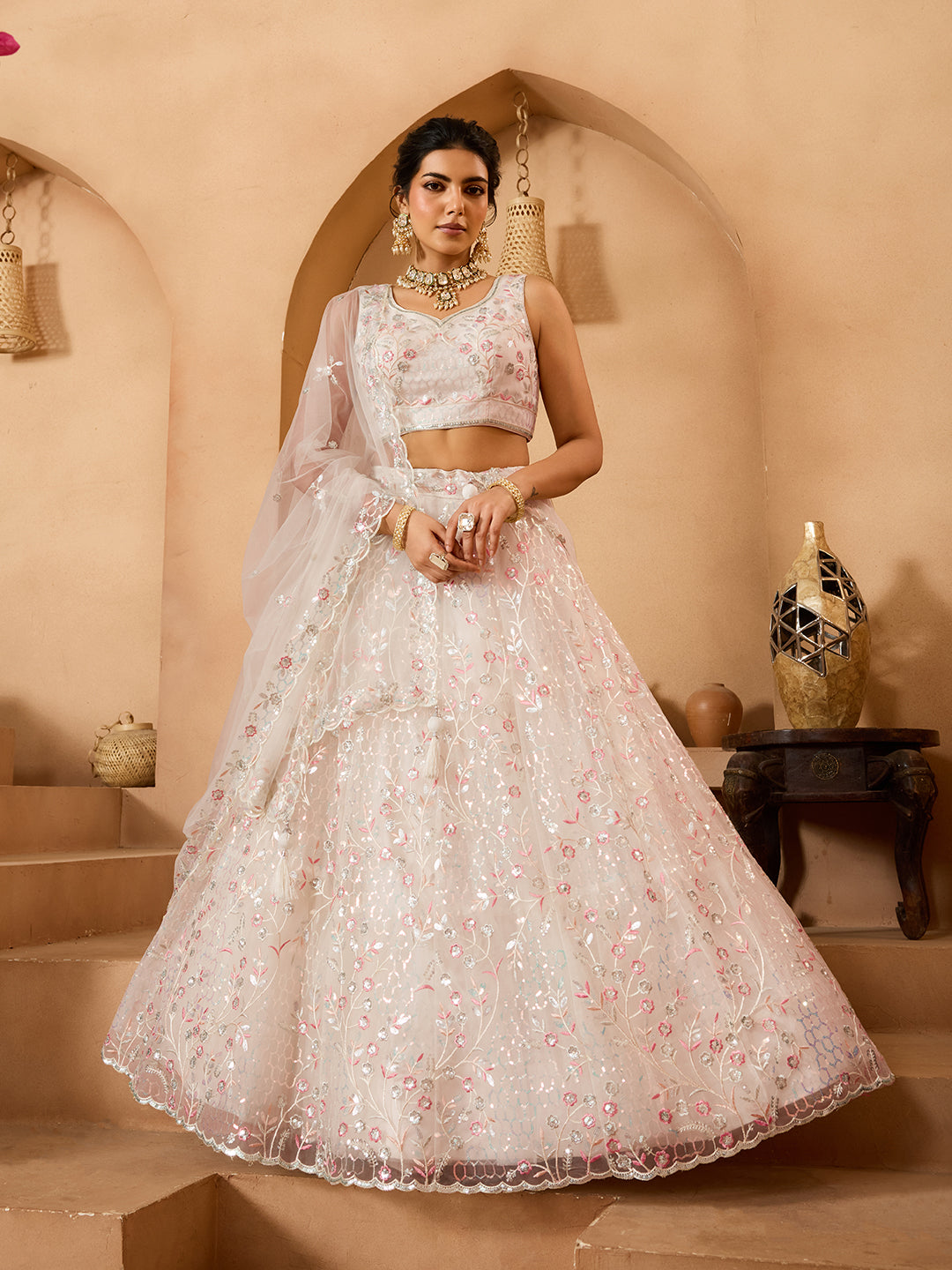 Cream- Net Fabric Sequins embroidery Semi-Stitched Lehenga & Unstitched Blouse With Dupatta - qivii