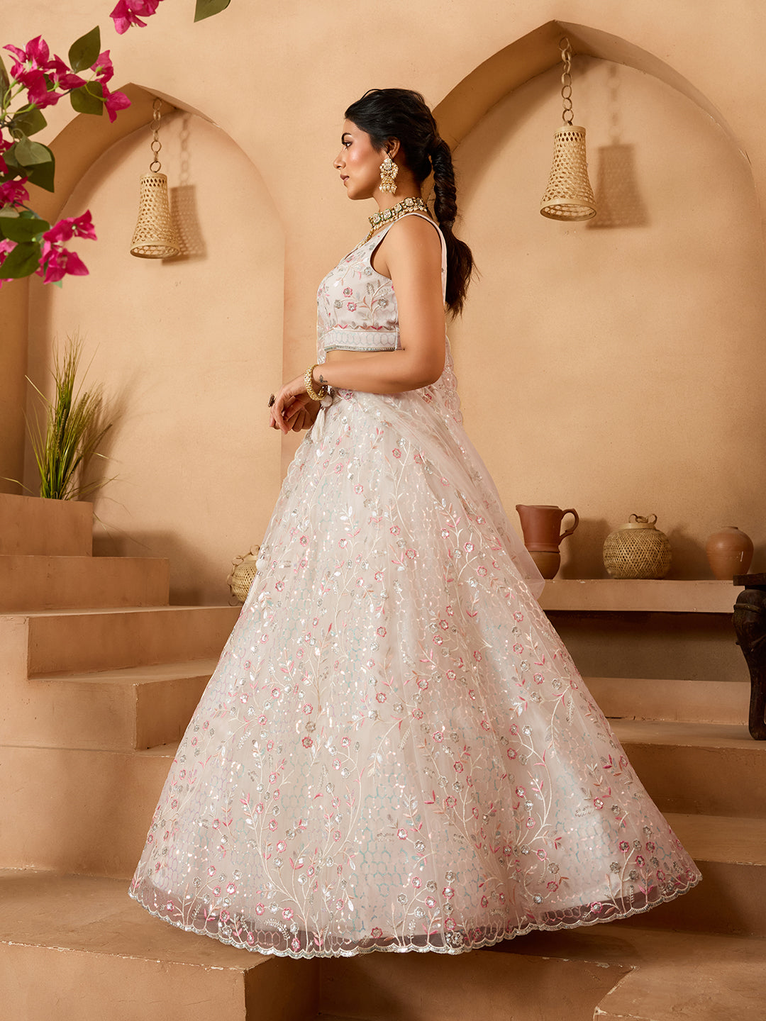 Cream- Net Fabric Sequins embroidery Semi-Stitched Lehenga & Unstitched Blouse With Dupatta - qivii