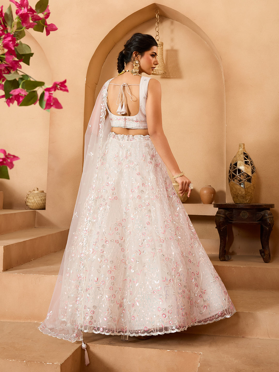 Cream- Net Fabric Sequins embroidery Semi-Stitched Lehenga & Unstitched Blouse With Dupatta - qivii