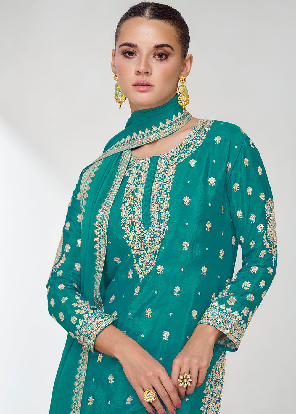 Dark Turquoise Blue Chinon Silk Embroidered Plazzo Suit