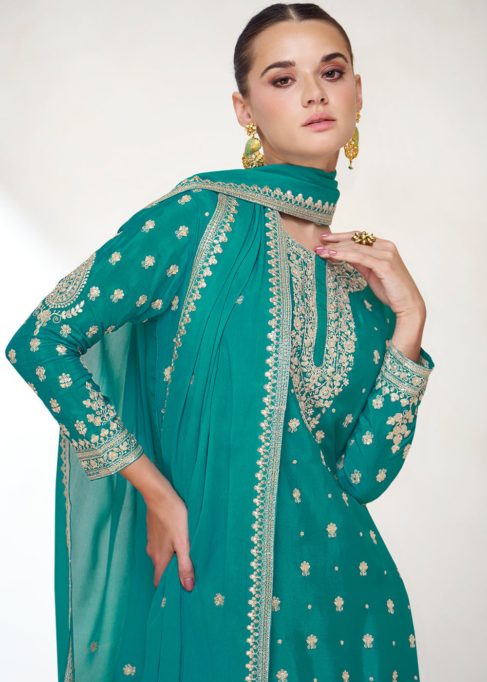 Dark Turquoise Blue Chinon Silk Embroidered Plazzo Suit