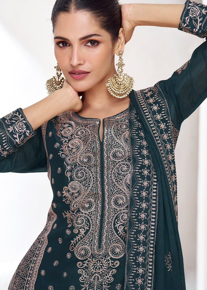 Dark Greyish Green Chinon Silk Embroidered Plazzo Suit