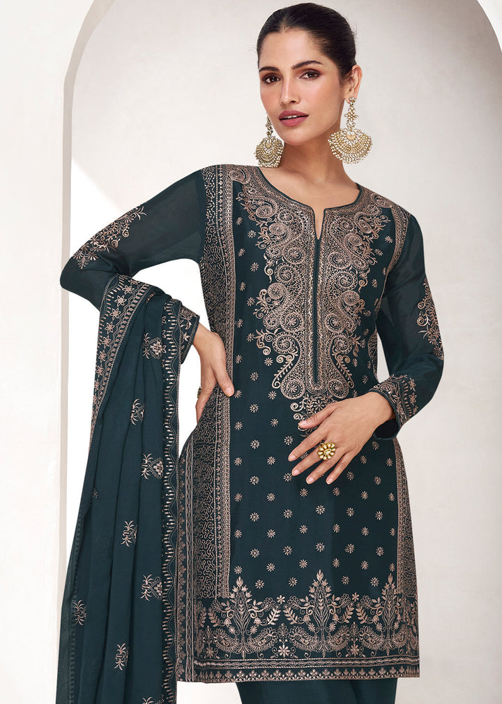 Dark Greyish Green Chinon Silk Embroidered Plazzo Suit