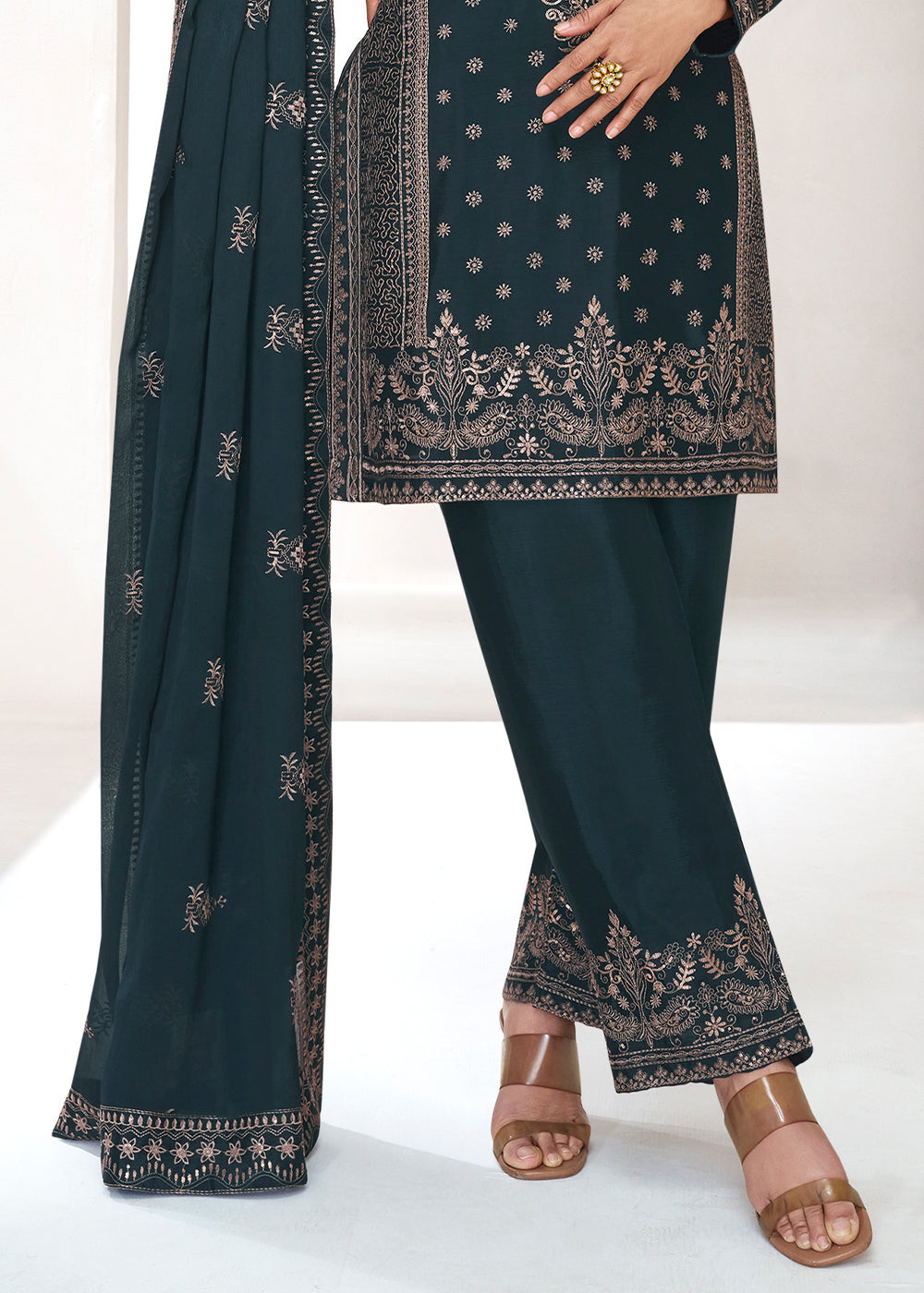 Dark Greyish Green Chinon Silk Embroidered Plazzo Suit