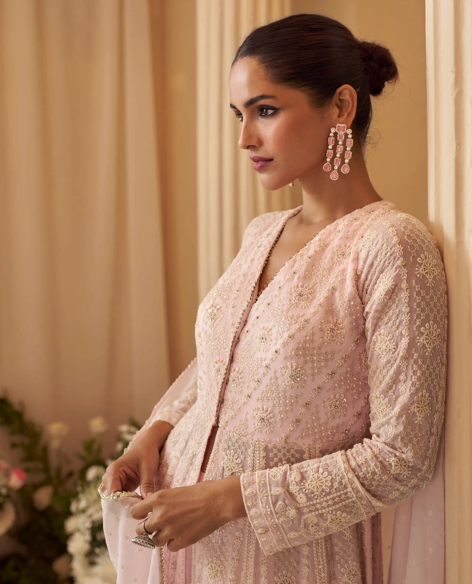 Peach Pink Georgette Embroidery Gown