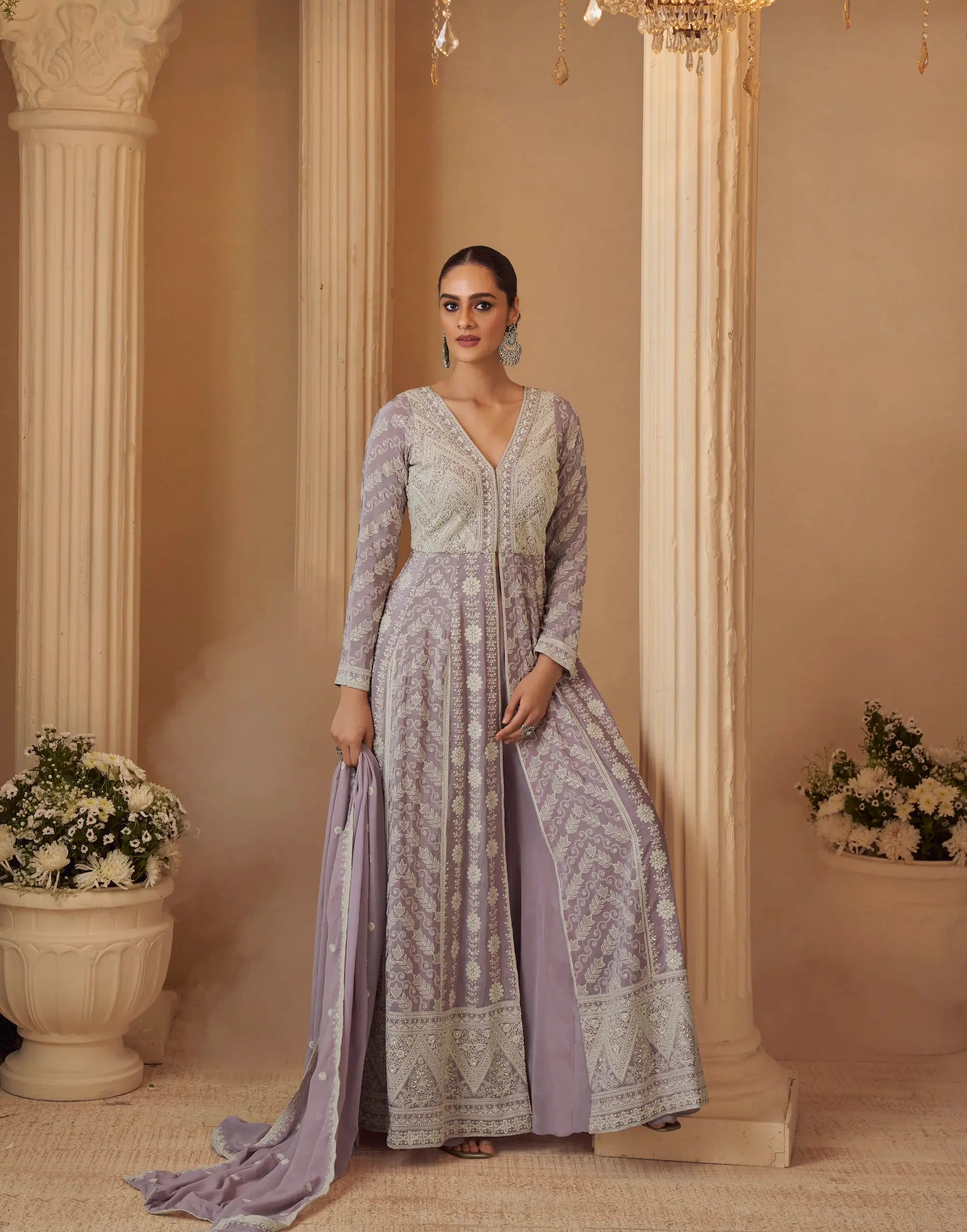 Dusty Lavender Georgette Embroidery Gown