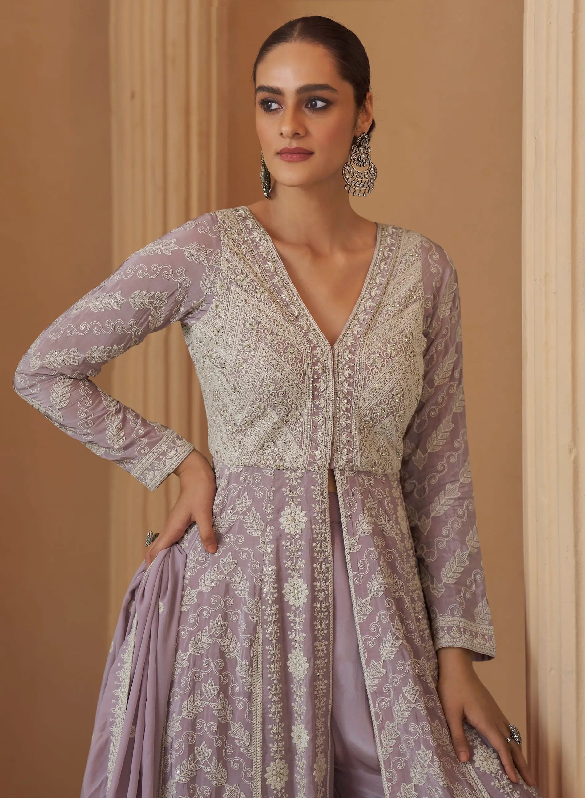 Dusty Lavender Georgette Embroidery Gown