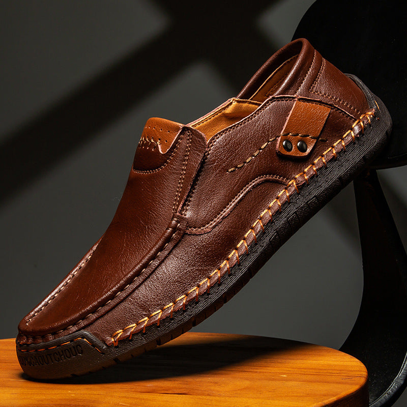Hand-Stitched Men's Loafers Casual Outdoor Slip-On Genuine Leather Shoes