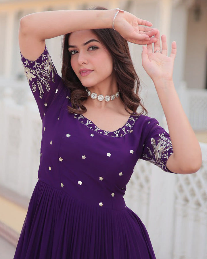 Purple Color Four Layer Georgette Embroidered Gown  - By Qivii