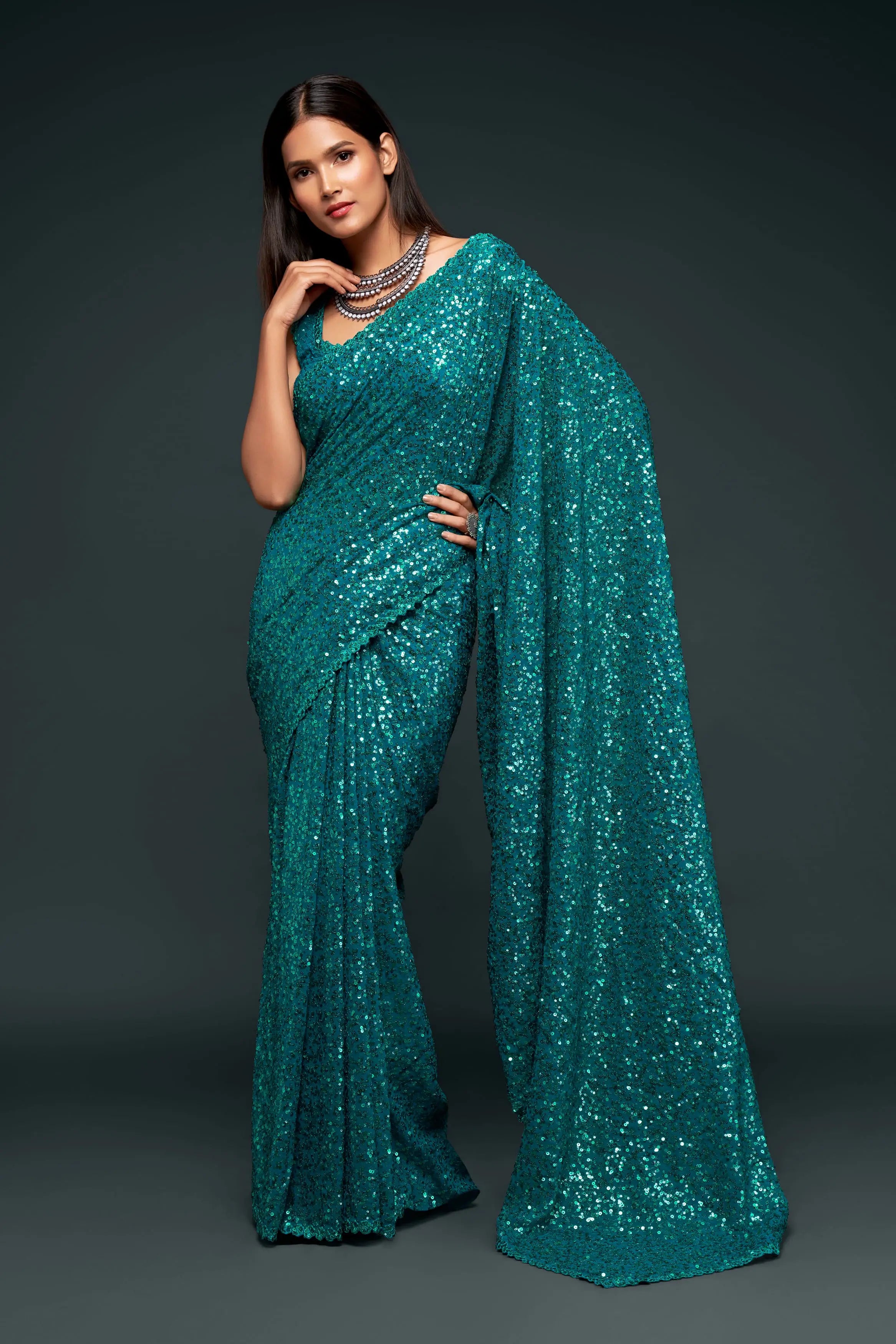Teal Blue Georgette with Thread And Multiple Sequins Embroidery Work - qivii