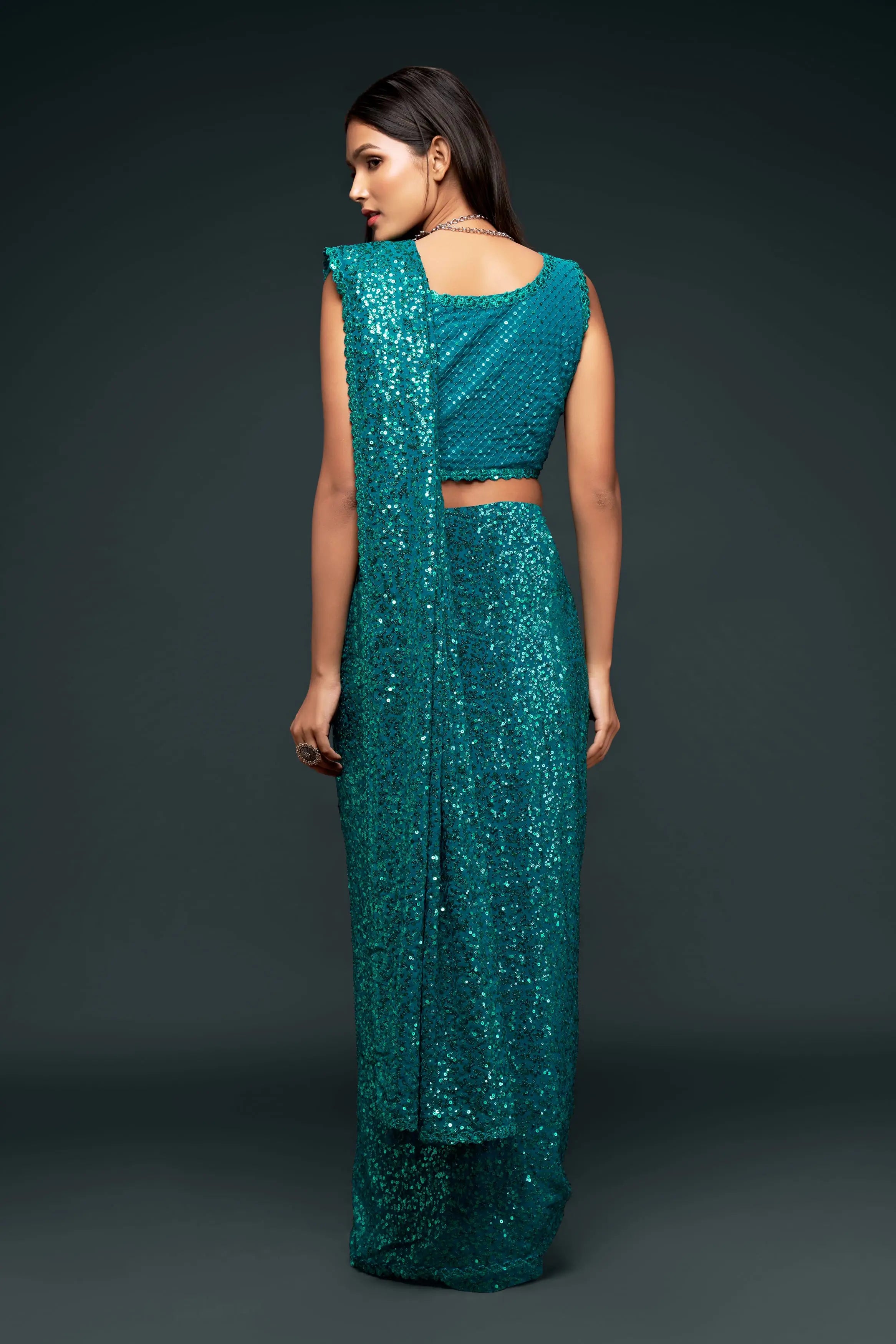 Teal Blue Georgette with Thread And Multiple Sequins Embroidery Work - qivii