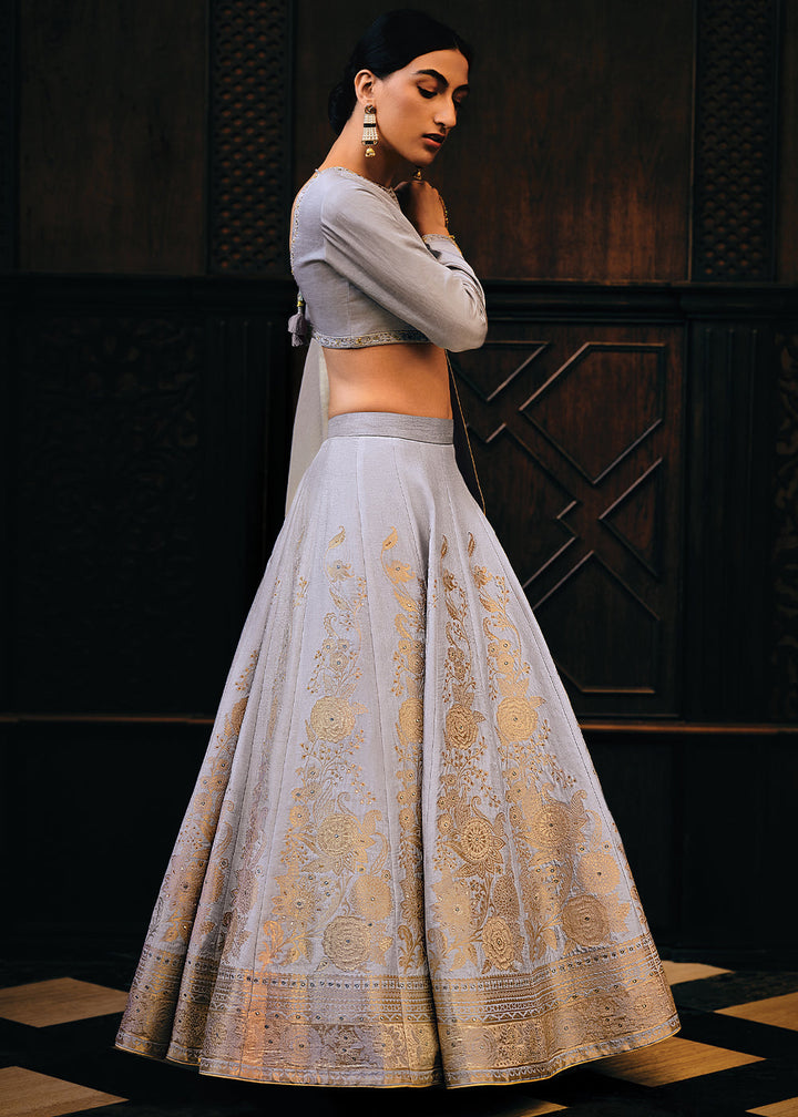 Flint Grey Viscose Silk Lehenga Choli With Heavy Handwork Embroidery  - By Qivii