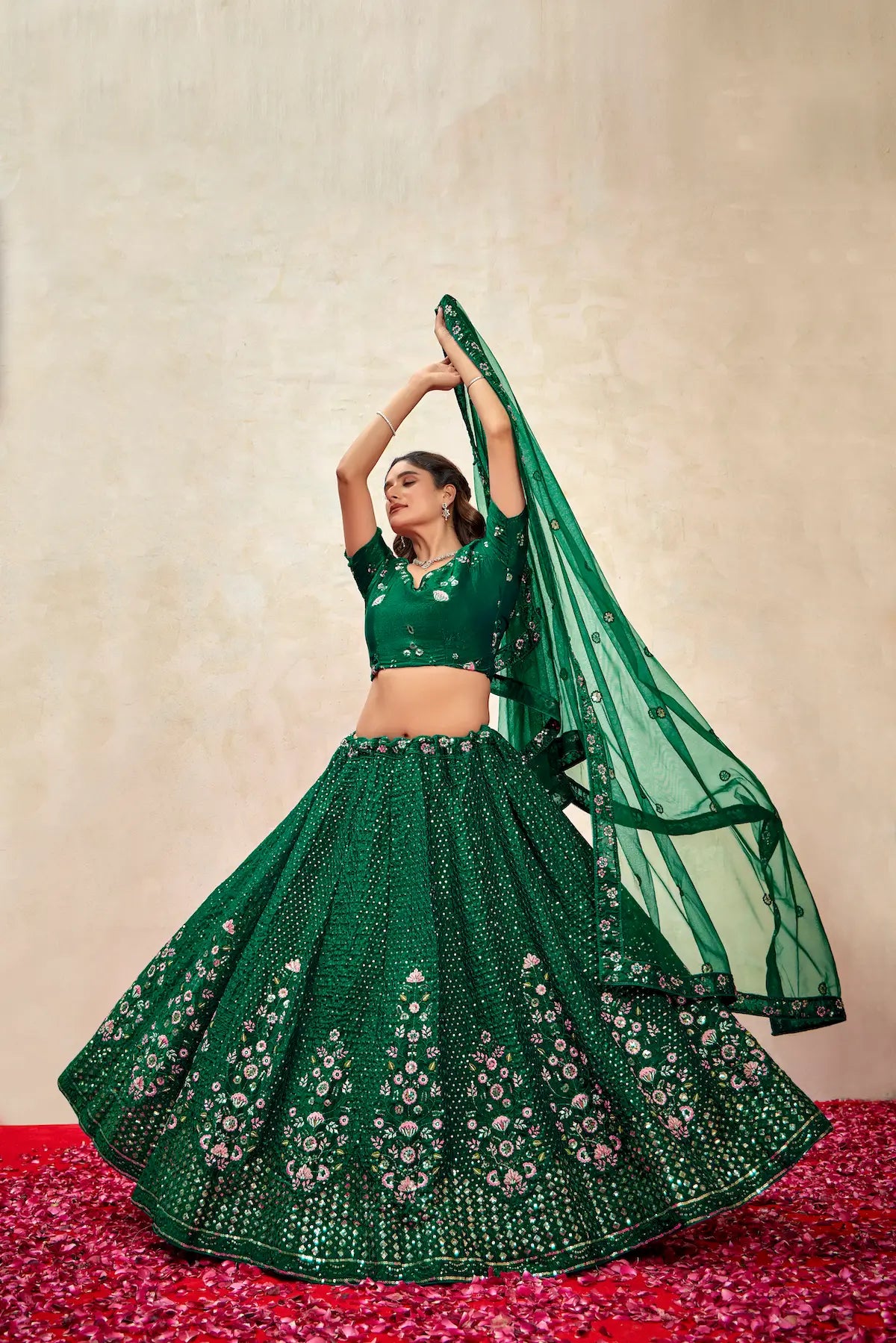 Green Net Thread & Sequence Embroidery Work Lehenga Choli - qivii