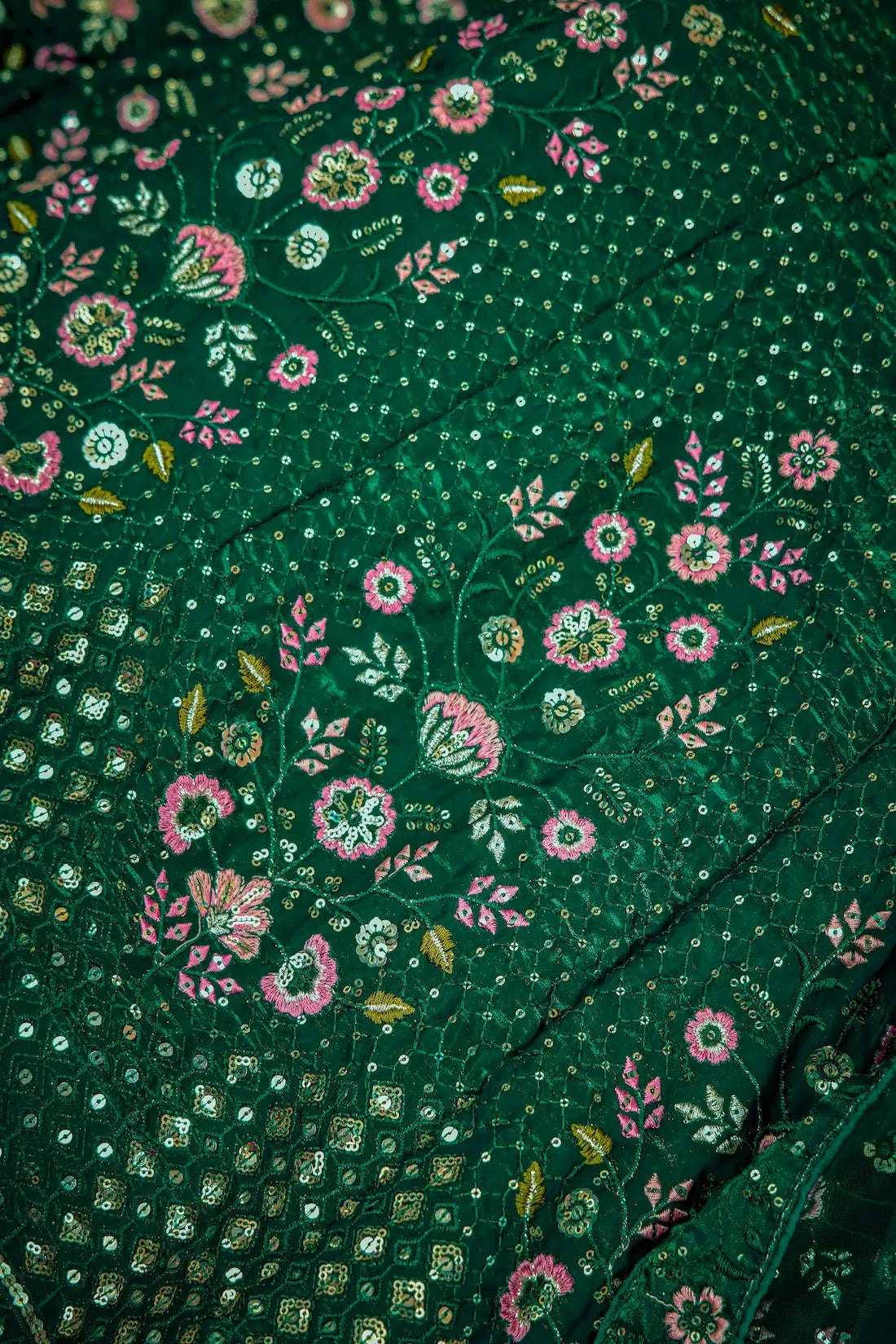 Green Net Thread & Sequence Embroidery Work Lehenga Choli - qivii