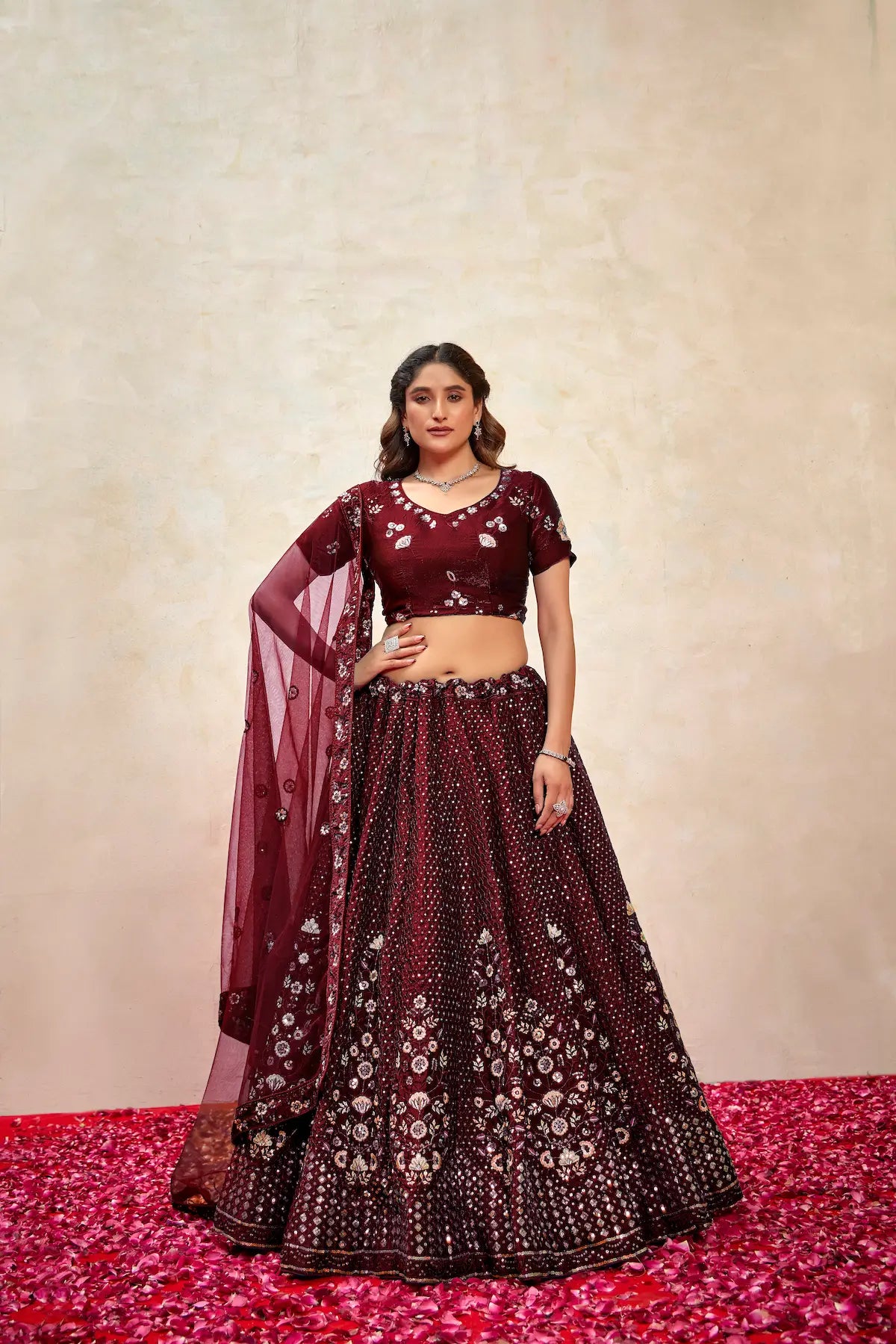 Maroon Net Thread & Sequence Embroidery Work Lehenga Choli - qivii
