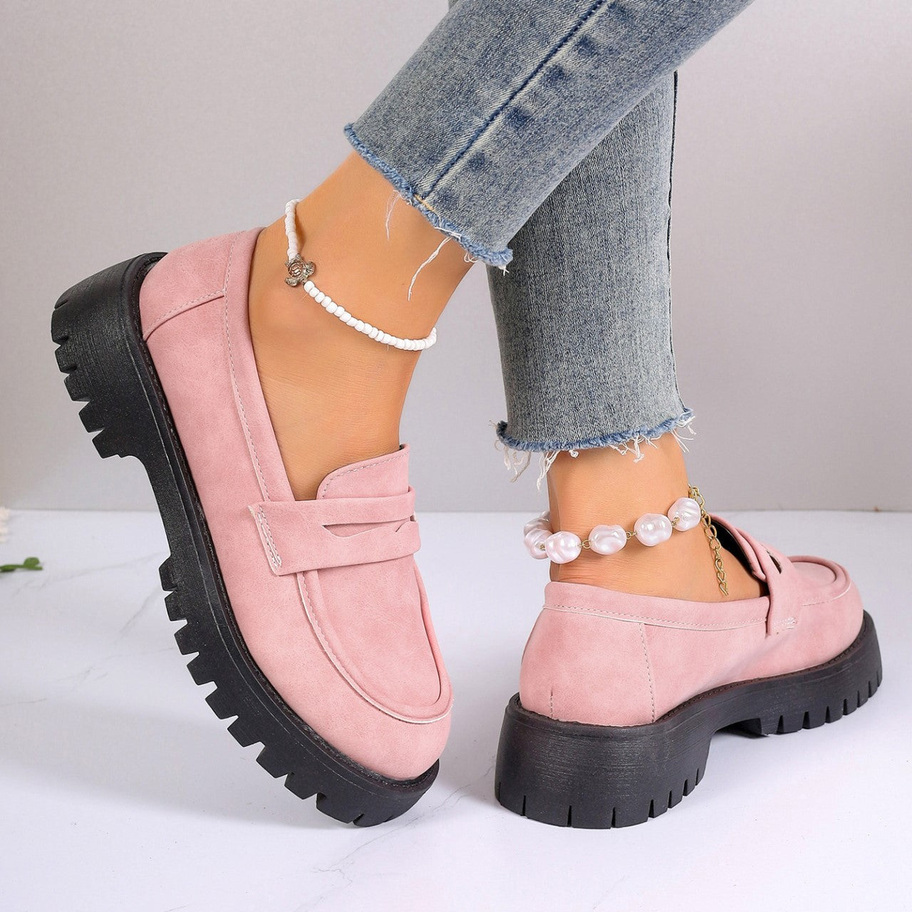 Women's Plus Size Retro Suede Loafers Slip-On Shoes with Chunky Heel Platform