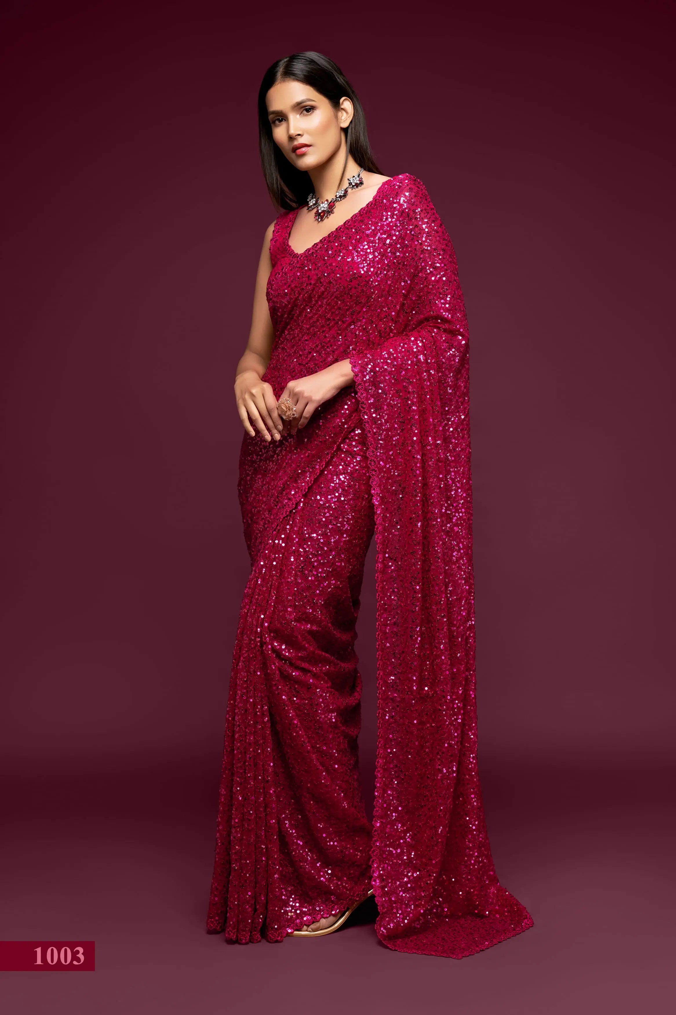Hot Pink Georgette Saree with Thread And Multiple Sequins Embroidery Work - qivii