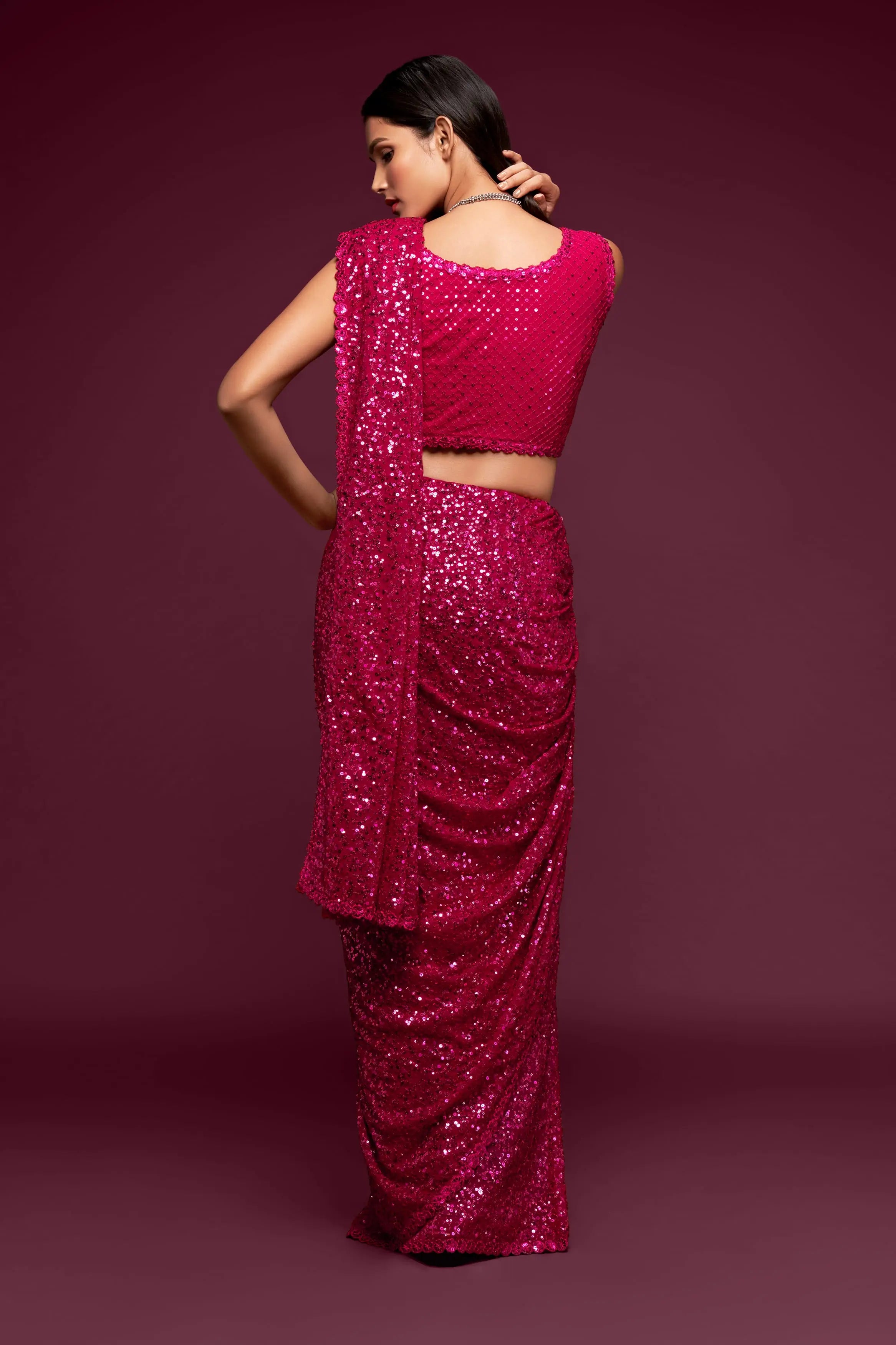 Hot Pink Georgette Saree with Thread And Multiple Sequins Embroidery Work - qivii