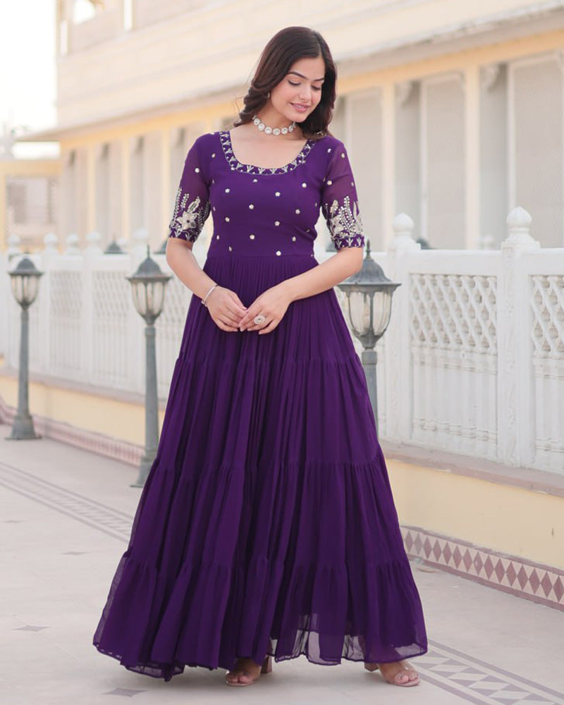 Exquisite Purple Gown with Detailed Embroidery and Flowy Georgette Layers