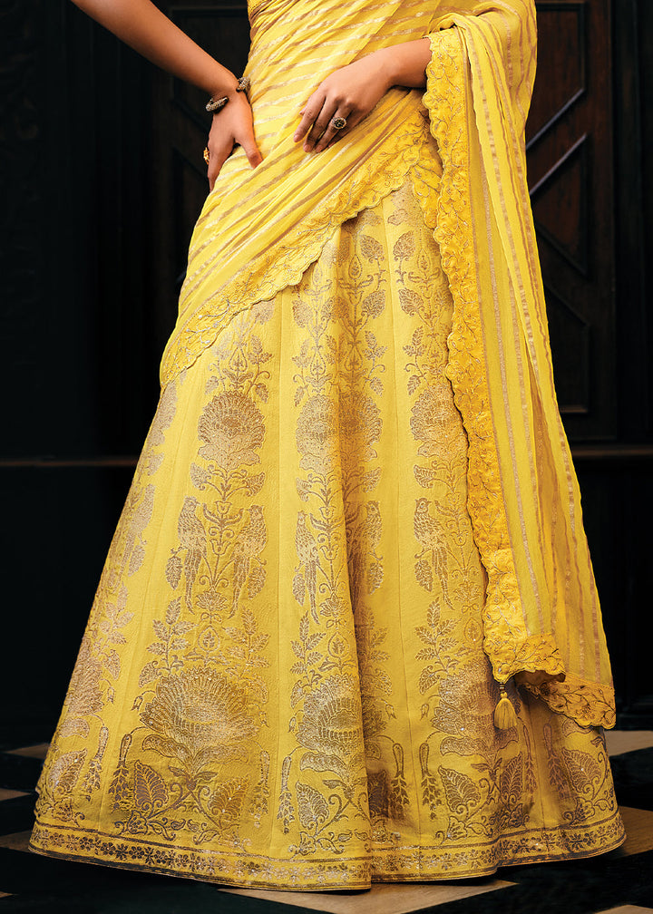 Aureolin Yellow Viscose Silk Lehenga Choli With Heavy Handwork Embroidery  - By Qivii