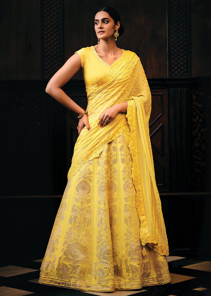 Aureolin Yellow Viscose Silk Lehenga Choli With Heavy Handwork Embroidery  - By Qivii