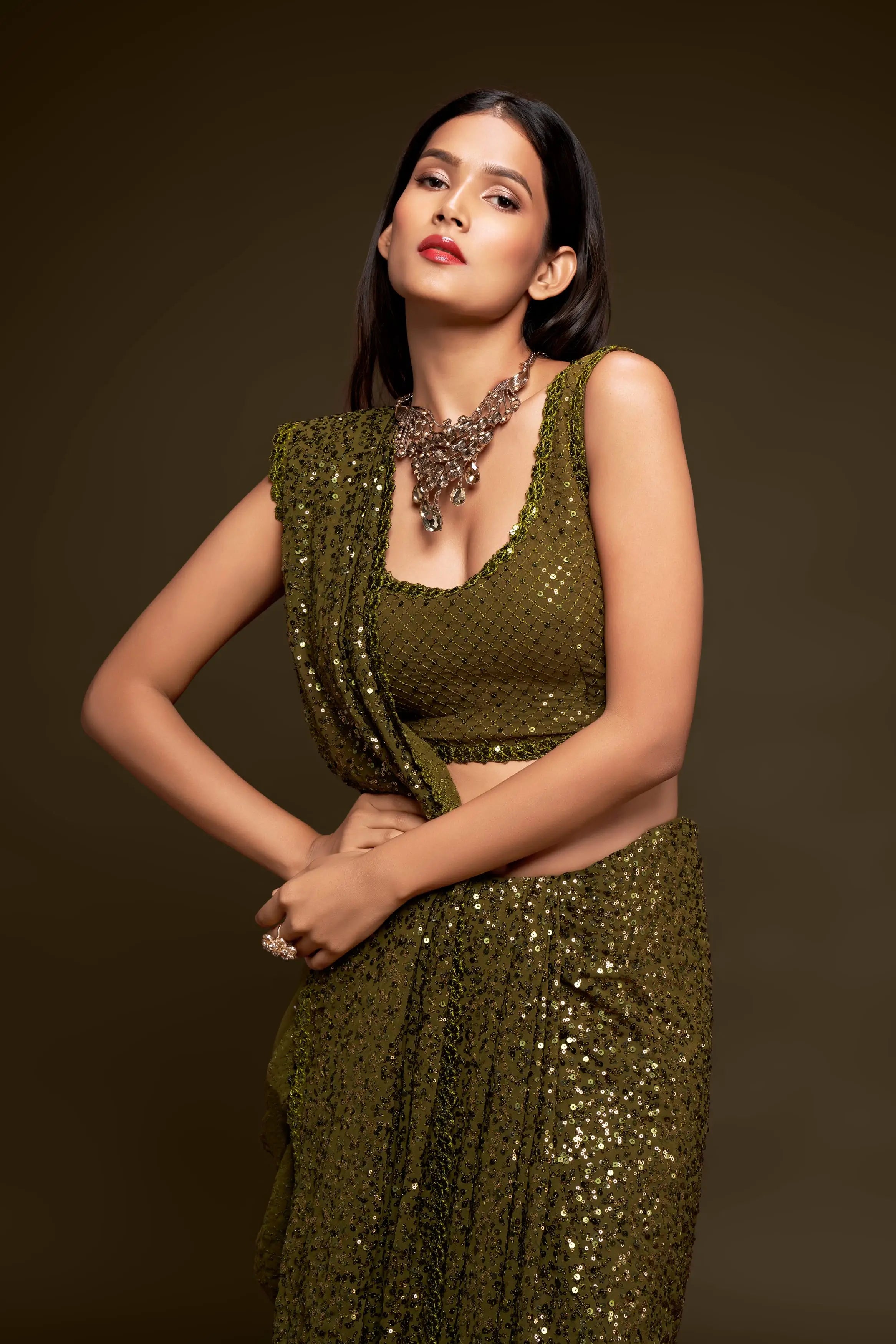 Olive Green Georgette with Thread And Multiple Sequins Embroidery Work - qivii